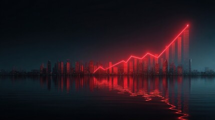 Poster - Glowing Red Graph Rising Over Skyline in Dark City Area