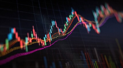 Poster - Financial Graph with Uptrend Line and Neon Candlestick Patterns