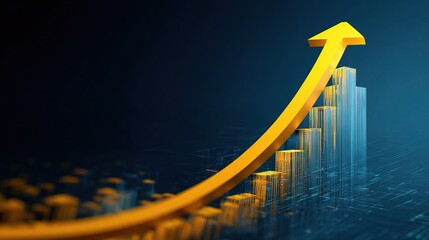 Poster - Bold Yellow Arrow Arching Upward Over 3D Bar Graph on Dark Background