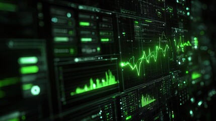 Poster - Futuristic Dark Sci-Fi Interface with Neon Green Line Graphs Display