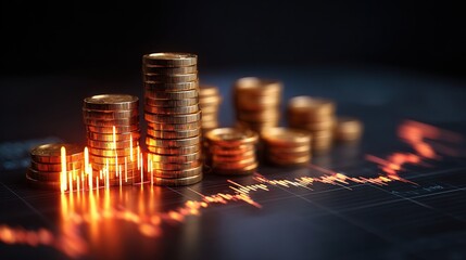 Poster - Stylized Stack of Coins with Glowing Bars and Rising Graph Elements