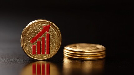 Poster - Glossy Gold Coin with Red Arrow on Bar Chart Background