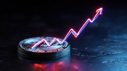 Poster - Abstract Coin Concept with Neon Arrow Increasing on Surface