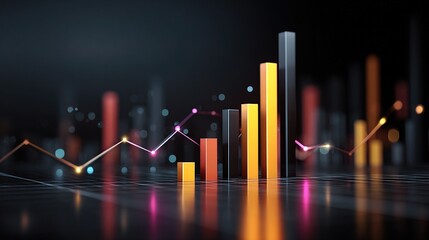 Poster - Neon Financial Scene with 3D Rendered Bars and Digital Elements