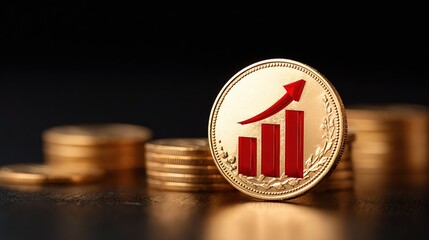 Poster - Glossy Gold Coin with Red Arrow Over Bar Chart for Financial Growth
