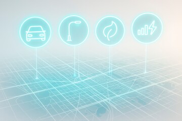 Poster - Icons of car street light leaf and energy on a grid like background