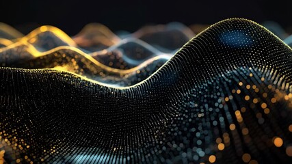 Abstract particle mesh surfaces undulate with luminous yellow and blue lights in dynamic motion, creating a flowing, futuristic background.