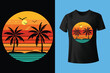 © SKTanvir - Sunset beach design: A stylish graphic design showcasing a tropical beach scene at sunset, complete with palm trees, the sun, and the ocean.
