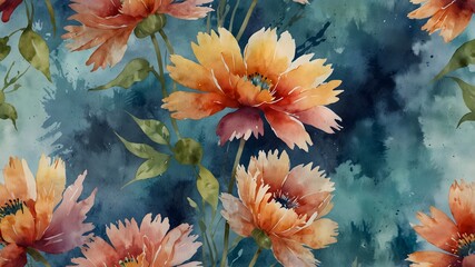 Poster - Watercolor painting of orange flowers on teal background