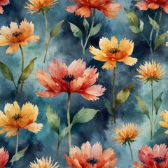 Poster - watercolor flower design with a seamless pattern. The bright and lively flowers float against a dark teal background. It is perfect for fabric, wallpaper, and surface designs