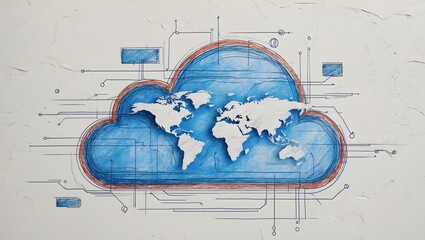 Poster - cloud technology world map drawing. Cloud tech connectivity map sketch style
