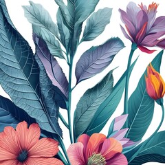 Poster - vibrant floral and foliage art, showcasing a harmonious blend of colors and textures. The illustration is a beautiful botanical composition.