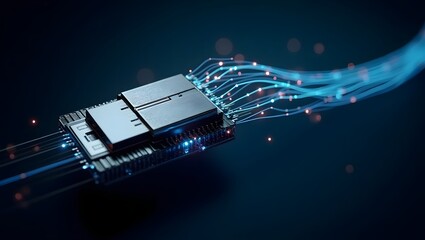 Aufkleber - Close-up of a digital circuit board with intricate details and glowing fiber optics