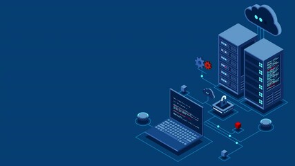 Fototapete - Cyber data security. Internet security isometric concept. Server room connected with laptop through protected hub. Computing internet digital technology. 4K seamless loop animation