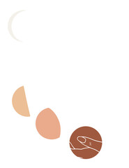Poster - White line-art hand holding brown orb, peach shapes, sparkles, cream crescent moon on transparent