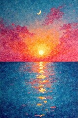 Wall Mural - abstract watercolor-like sunset, crescent moon above tranquil sea, moon, horizon, background