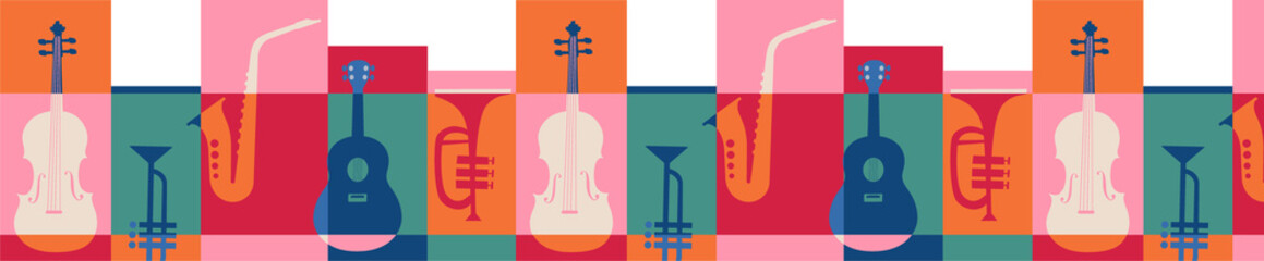 Poster - Flat violin, saxophone, trumpet and guitar icons are forming tiled grid on transparent background