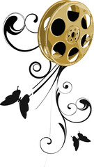 Poster - Golden film reel is spinning in vector art on clear canvas showing black swirls and butterflies
