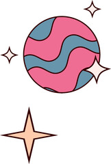 Poster - Flat planet is floating with pink-blue stripes, star sparkles on transparent backdrop, copy space
