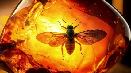 Fossilized insect preserved in amber, geological formation of fossil resin with a prehistoric bug trapped inside.