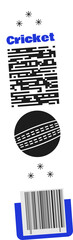 Poster - Displaying flat cricket-themed label on transparent canvas with stars, bars, barcode, cricket ball