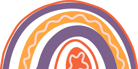 Poster - Showing abstract concentric orange purple yellow arches with white wavy star on transparent bg