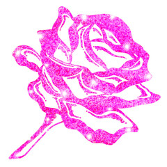 Poster - Stylized pink glitter rose is floating flat design with white starbursts, transparent background