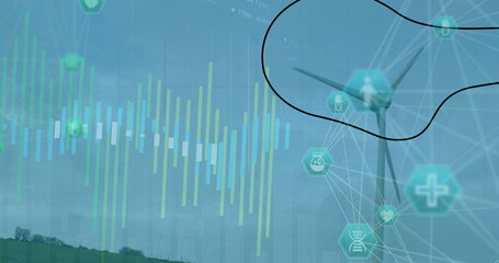 Poster - Wind turbine standing on rural hill with bar charts, network lines, hexagon icons, copy space