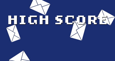 Poster - Displaying pixel-art text HIGH SCORE on dark blue backdrop, with scattered white envelope icons