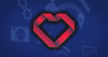 Poster - Displaying red heart emblem floating on blue canvas, with gear camera bulb wireless signal icons