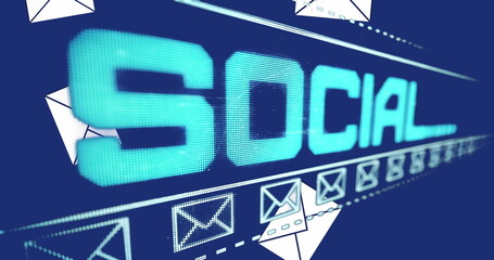 Poster - Displaying pixelated SOCIAL text floating on digital interface, with envelope icons, dashed lines