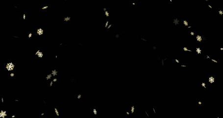 Poster - Floating golden snowflake-shaped particles drifting gently against dark backdrop, festive confetti