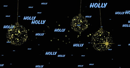 Poster - Glowing gold-speckled spherical ornaments hanging in dark void, with scattered pale blue HOLLY text
