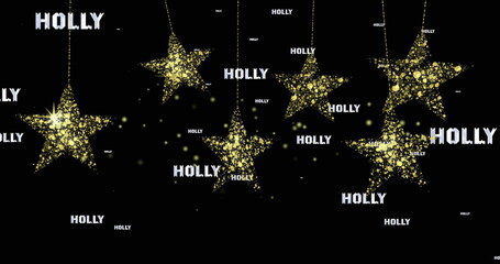 Poster - Shining five golden star ornaments hanging on strings against black backdrop, with white HOLLY text