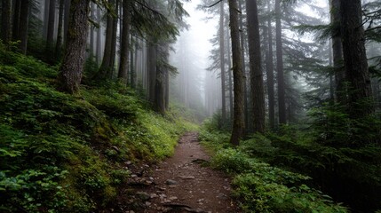 Poster - A forest path is shown in the rain, with trees on either side