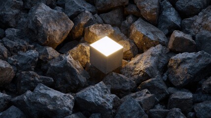 Poster - A cube is lit up in a pile of rocks