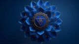 Digital Rendering of a Blue Throat Chakra Flower with Golden Details on Dark Blue Background