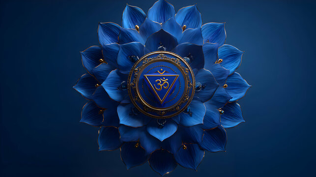 Digital Rendering of a Blue Throat Chakra Flower with Golden Details on Dark Blue Background