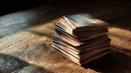 Poster - A stack of cards on a wooden table