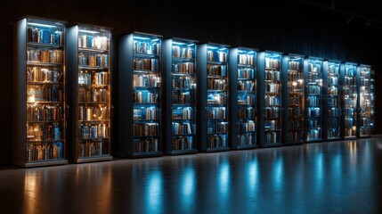 Poster - A row of bookshelves with books on them