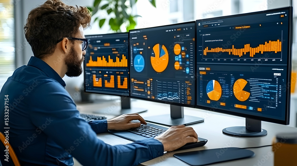 Data Analyst Working with Multiple Monitors Showing Charts and Graphs ...