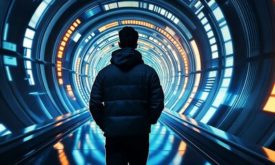 Poster - Futuristic tunnel, person walks into the unknown