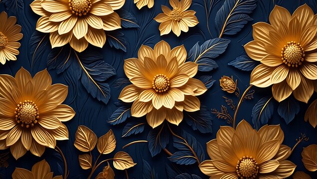 Golden Floral Elegance Luxurious 3D Paper Flowers on Dark Blue Background