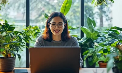 Poster - Woman working on laptop in plant-filled workspace