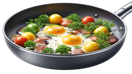 Aufkleber - a skillet with fried eggs, tomatoes, parsley, and meat cooking on a stovetop for a tasty breakfast o