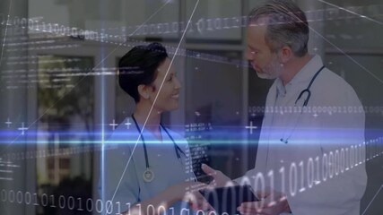 Poster - Nurse pointing at tablet starting binary overlay, doctor rotating tablet, shaking hands in hospital