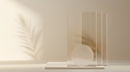 Poster - A minimalist 3D abstract background featuring layered glassy panels and geometric shapes, subtle refractions and soft shadows on a plain beige backdrop, a modern and sophisticated digital design