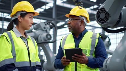 Poster - Asian Woman and African American Man in Yellow Safety Helmets Discussing Work at Industrial Plant Factory with Automation Robots
