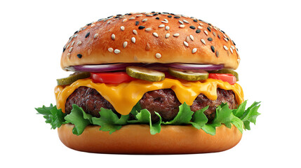 Aufkleber - a close up view of a burger with cheese lettuce tomato onion and pickles on a sesame seed bun on tra