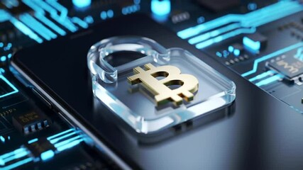 Poster - Bitcoin Symbol on Glass Lock over a Smartphone with Circuit Board and Blue Lights for Digital Security and Currency